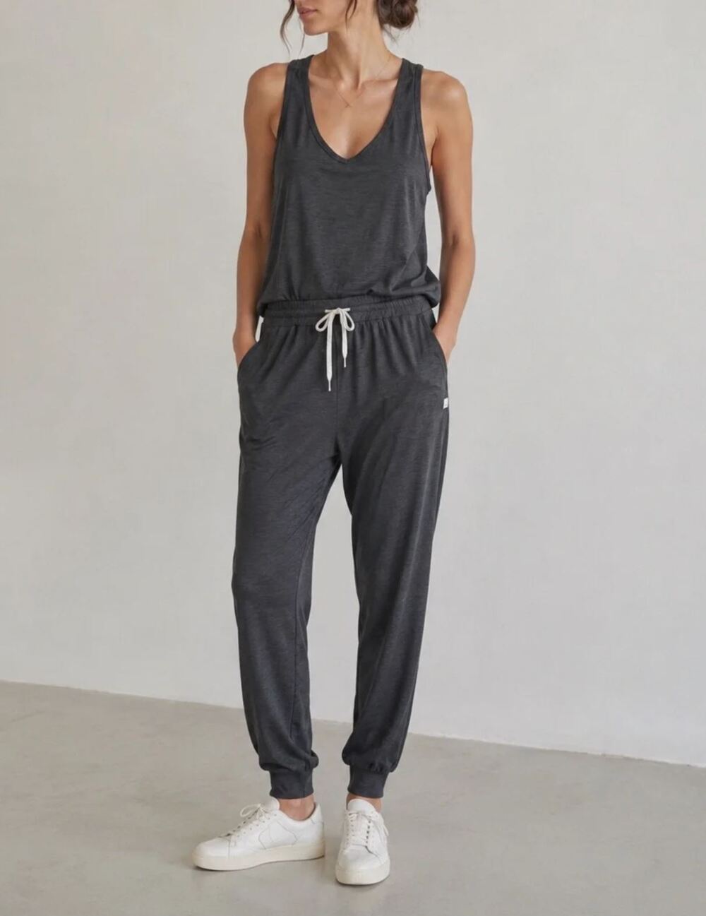 Vuori Lux Jumpsuit Large Charcoal Heather Sleeveless Racerback Athleisure Lounge